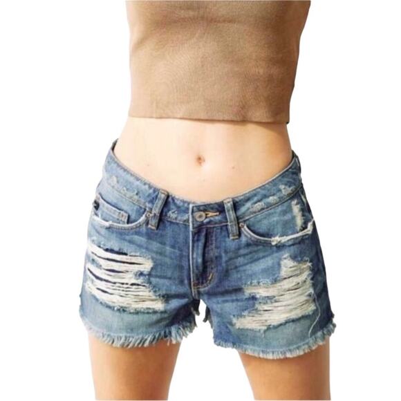 KANCAN Distressed Denim Short Women Sz 23 Blue Mid Rise Gorpcore Grunge Boho NWT - Picture 1 of 11